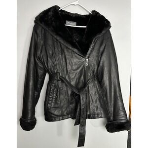 VINTAGE Wilson Leather Fur Wrap Coat Jacket Womens Medium Black Side Zipper Belt